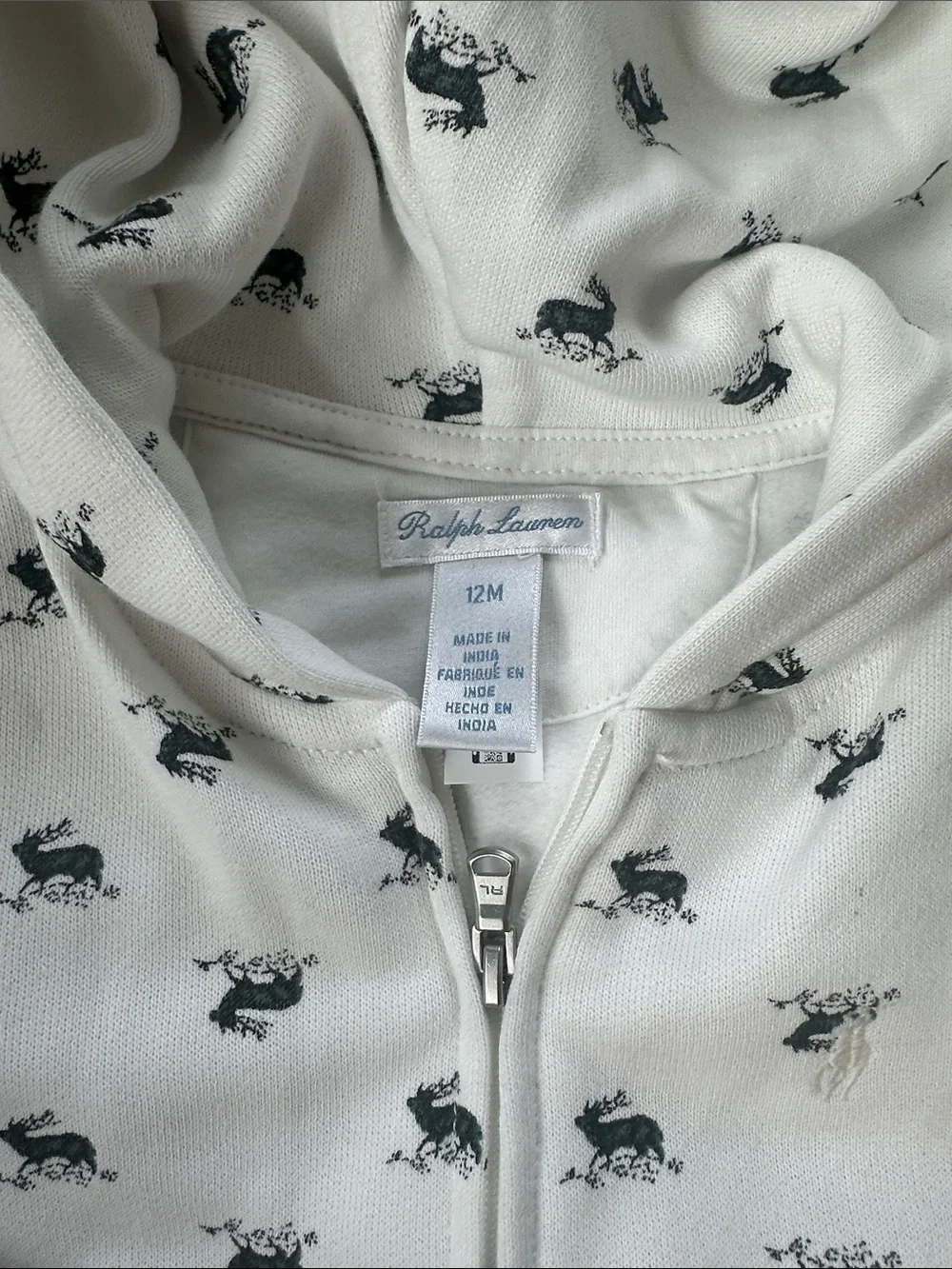 Ralph Lauren Cream Hooded Pajama Set with Dark Gray Moose Print 12M NWT
